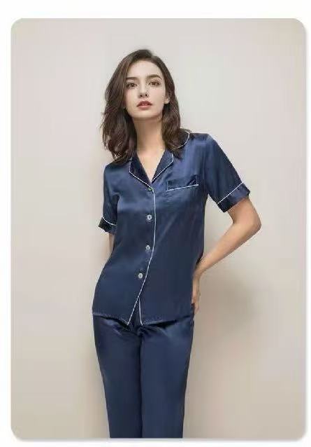 Pure Mulberry Silk Short Sleeve Long Pants Pajama Set