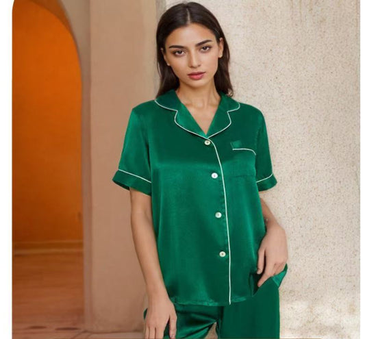 Pure Mulberry Silk Short Sleeve Long Pants Pajama Set