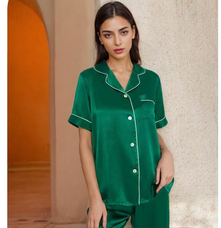 Pure Mulberry Silk Short Sleeve Long Pants Pajama Set