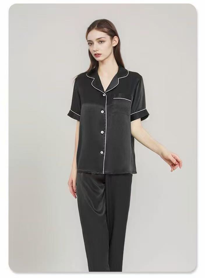 Pure Mulberry Silk Short Sleeve Long Pants Pajama Set