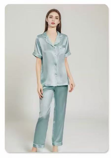 Pure Mulberry Silk Short Sleeve Long Pants Pajama Set