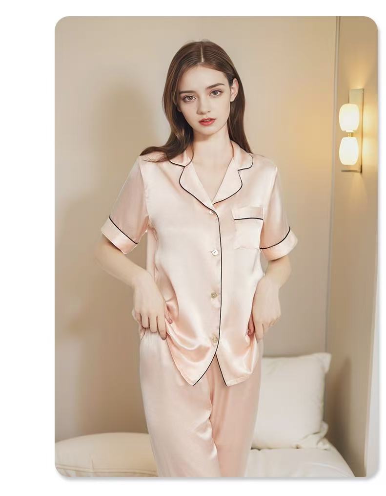 Pure Mulberry Silk Short Sleeve Long Pants Pajama Set