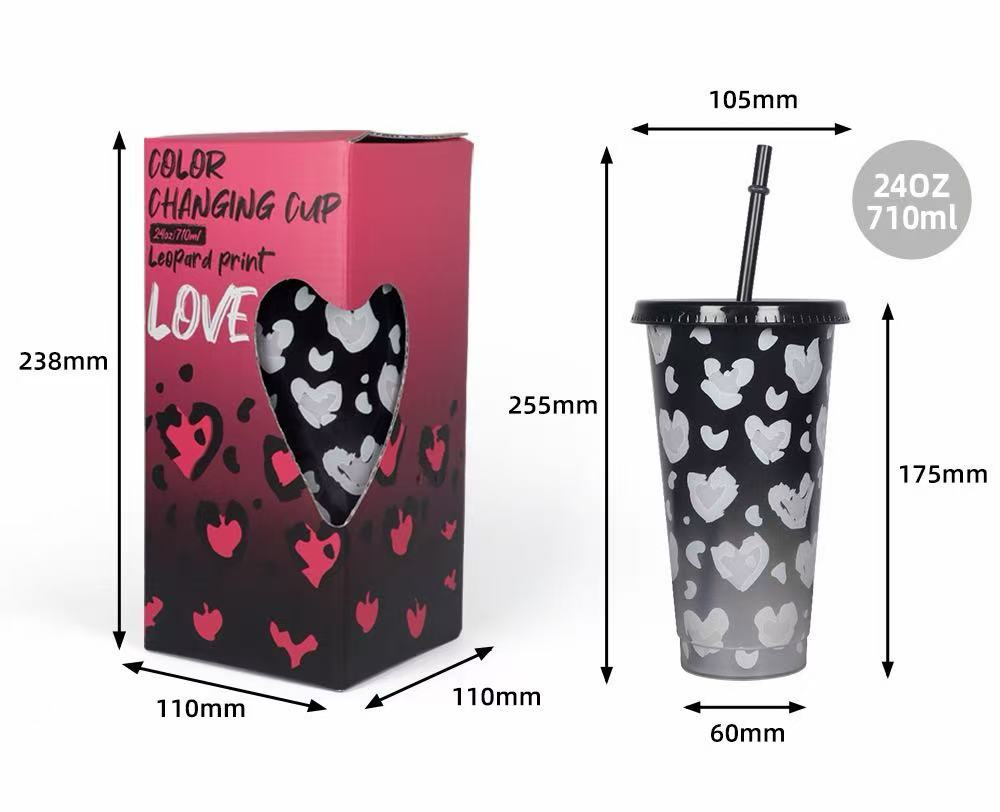 Leopard Heart Color-Changing Tumbler with Straw – 24oz Reusable Plastic Cup(2 Pack)