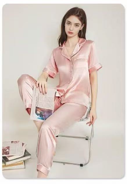 Pure Mulberry Silk Short Sleeve Long Pants Pajama Set