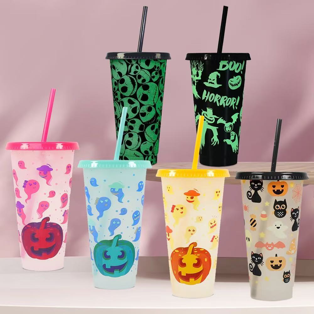 Halloween Color-Changing Tumbler with Straw – 24oz Watch Halloween Magic Appear with Every Ice-Cold Drink((2 Pack))