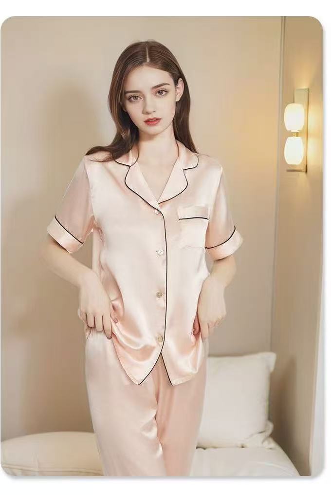 Pure Mulberry Silk Short Sleeve Long Pants Pajama Set