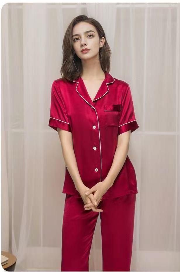 Pure Mulberry Silk Short Sleeve Long Pants Pajama Set