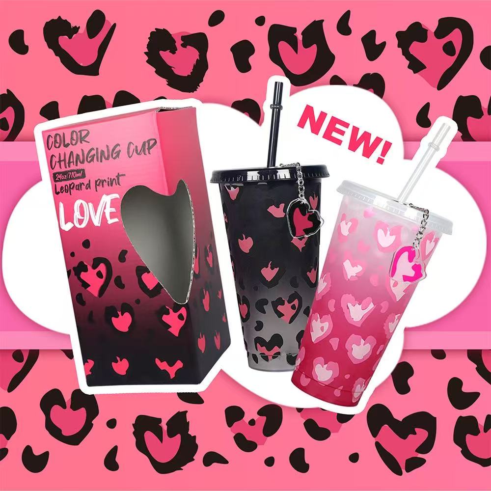 Leopard Heart Color-Changing Tumbler with Straw – 24oz Reusable Plastic Cup(2 Pack)