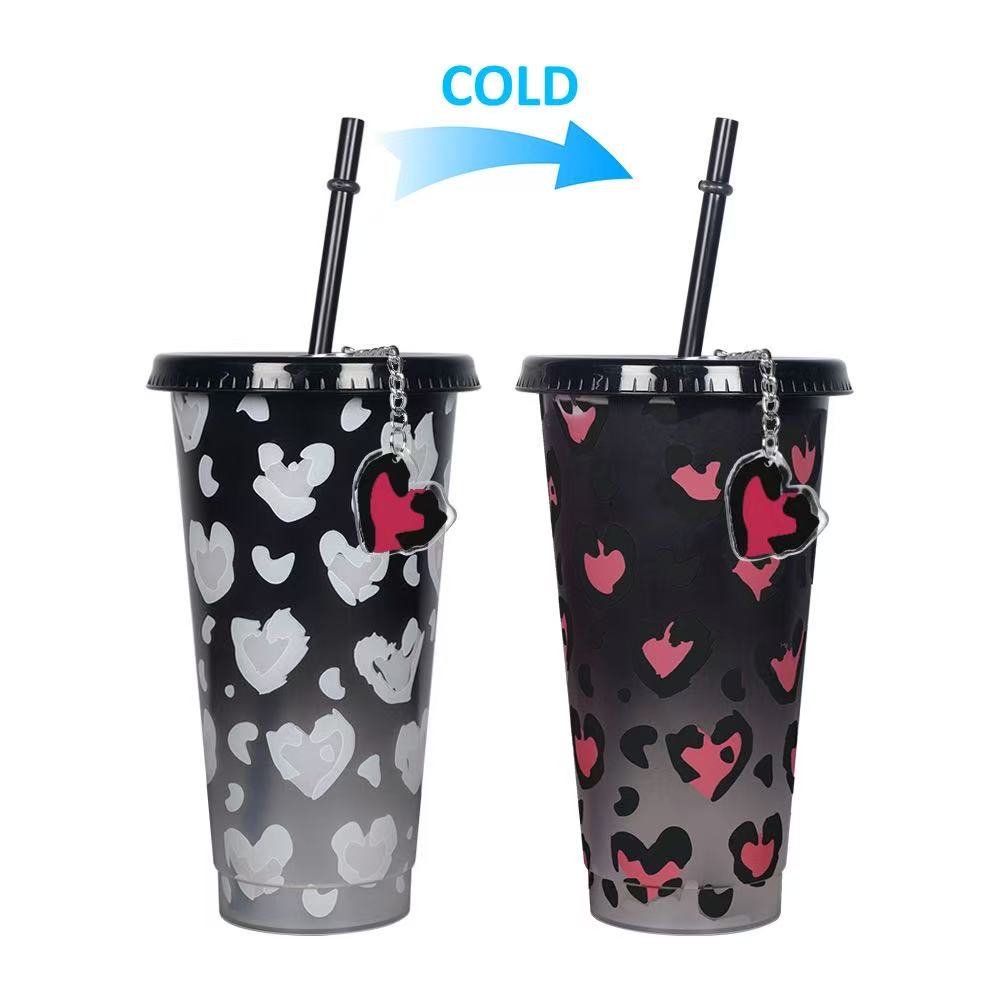 Leopard Heart Color-Changing Tumbler with Straw – 24oz Reusable Plastic Cup(2 Pack)
