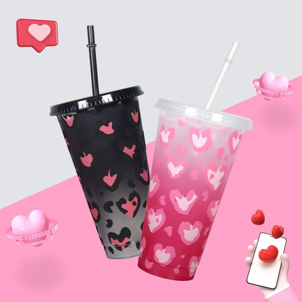 Leopard Heart Color-Changing Tumbler with Straw – 24oz Reusable Plastic Cup(2 Pack)